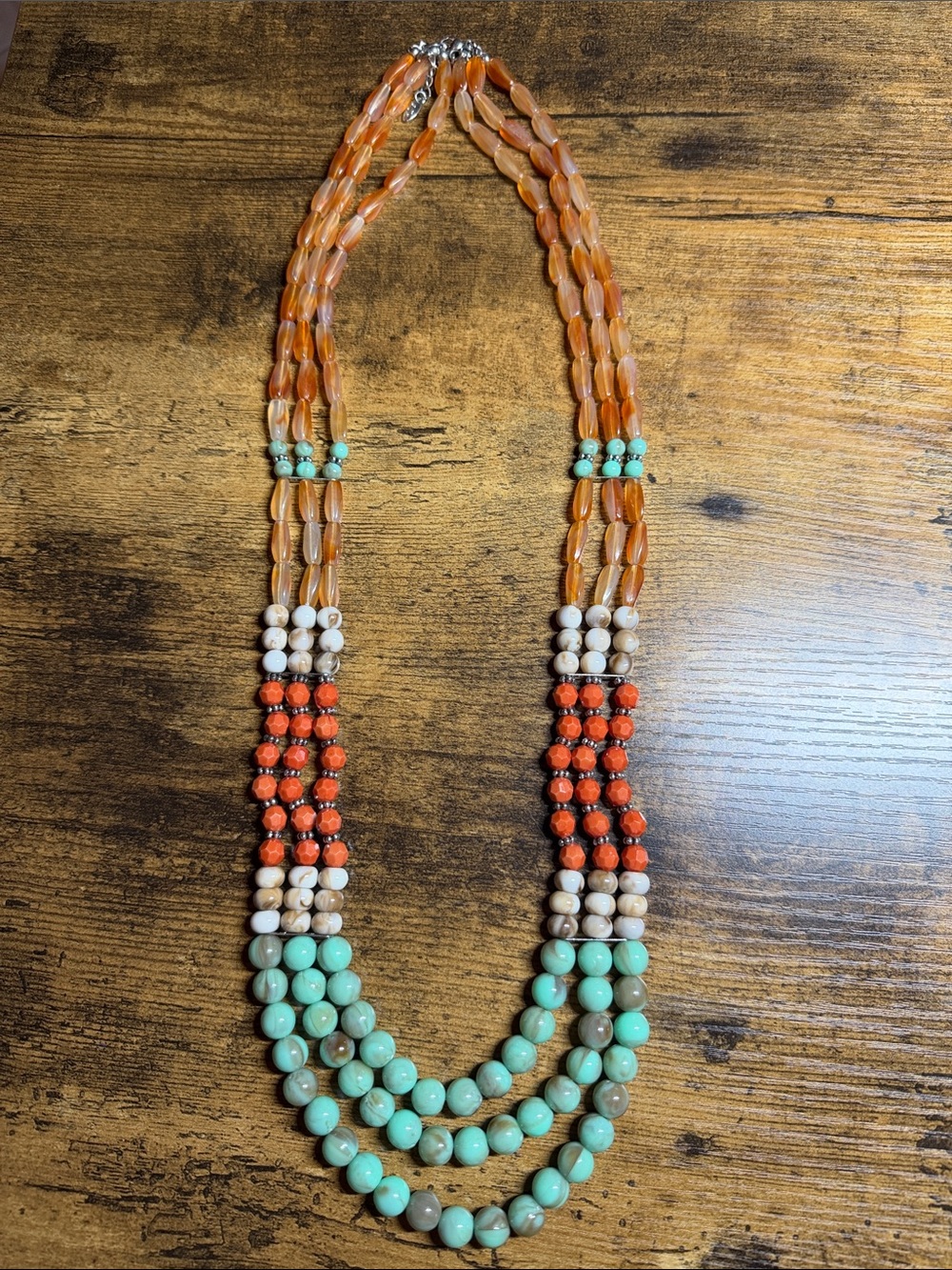 Multi-Strand Beaded Necklace in Turquoise, Coral & Amber - Women’s Jewelry